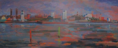 Esbjerg havnefront, 250 x 100, akryl på plade, SOLGT
